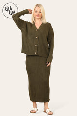Slouchy Knit Jumper & Midi Skirt Loungewear Set Co-Ord in Khaki front