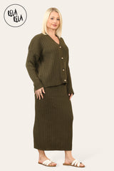 Slouchy Knit Jumper & Midi Skirt Loungewear Set Co-Ord in Khaki side