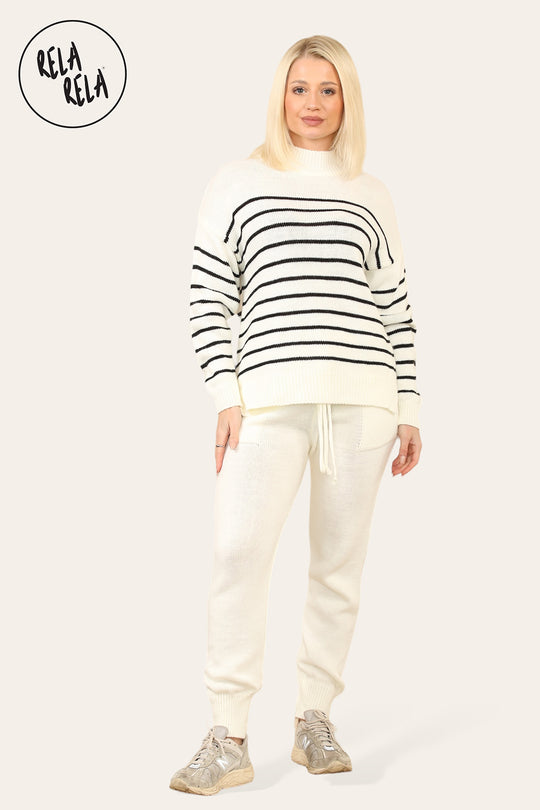 Striped Jumper & Knitted Jogger Co-Ord Set with Pockets in Cream