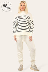 Striped Jumper & Knitted Jogger Loungewear Set Co-Ord with Pockets in Cream front
