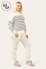 Striped Jumper & Knitted Jogger Loungewear Set Co-Ord with Pockets in Cream side