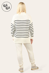 Striped Jumper & Knitted Jogger Loungewear Set Co-Ord with Pockets in Cream back