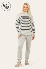 Striped Jumper & Knitted Jogger Loungewear Set Co-Ord with Pockets in Grey