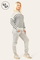 Striped Jumper & Knitted Jogger Loungewear Set Co-Ord with Pockets in Grey side