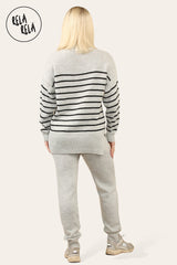 Striped Jumper & Knitted Jogger Loungewear Set Co-Ord with Pockets in Grey back