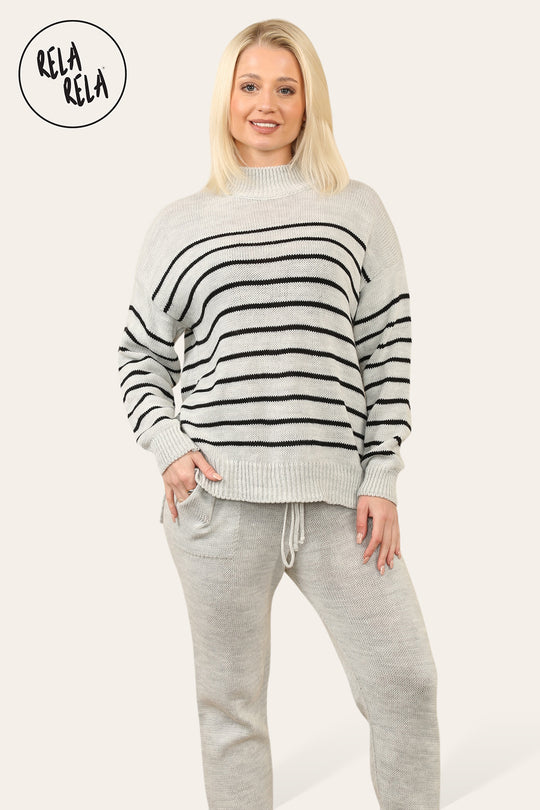 Striped Jumper & Knitted Jogger Co-Ord Set with Pockets in Grey