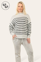 Striped Jumper & Knitted Jogger Loungewear Set Co-Ord with Pockets in Grey front