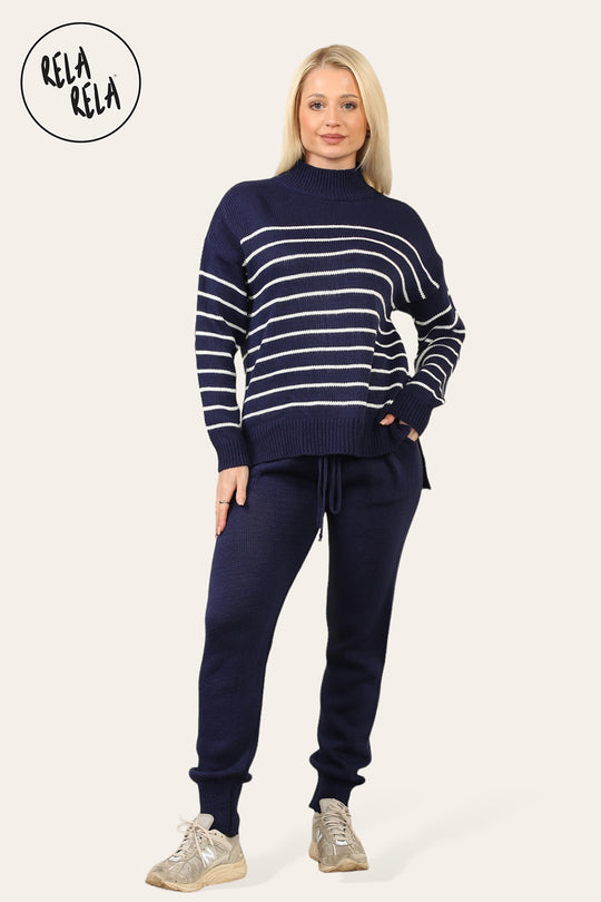 Striped Jumper & Knitted Jogger Co-Ord Set with Pockets in Navy