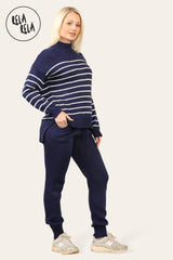 Striped Jumper & Knitted Jogger Loungewear Set Co-Ord with Pockets in Navy side