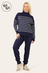 Striped Jumper & Knitted Jogger Loungewear Set Co-Ord with Pockets in Navy front2