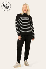 Striped Jumper & Knitted Jogger Loungewear Set Co-Ord with Pockets in Black