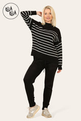 Striped Jumper & Knitted Jogger Loungewear Set Co-Ord with Pockets in Black front