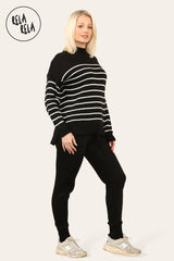 Striped Jumper & Knitted Jogger Loungewear Set Co-Ord with Pockets in Black side