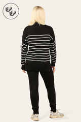 Striped Jumper & Knitted Jogger Loungewear Set Co-Ord with Pockets in Black back