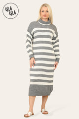 Grey & White Striped Midi Jumper Dress with Long Sleeves