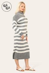 Grey & White Striped Midi Jumper Dress with Long Sleeves side