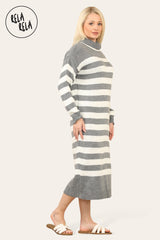 Grey & White Striped Midi Jumper Dress with Long Sleeves side 2