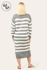 Grey & White Striped Midi Jumper Dress with Long Sleeves back