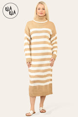 Camel & White Striped Midi Jumper Dress with Long Sleeves