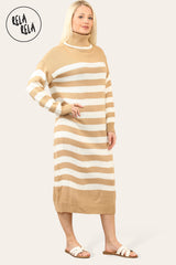 Camel & White Striped Midi Jumper Dress with Long Sleeves