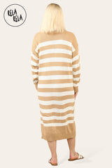 Camel & White Striped Midi Jumper Dress with Long Sleeves