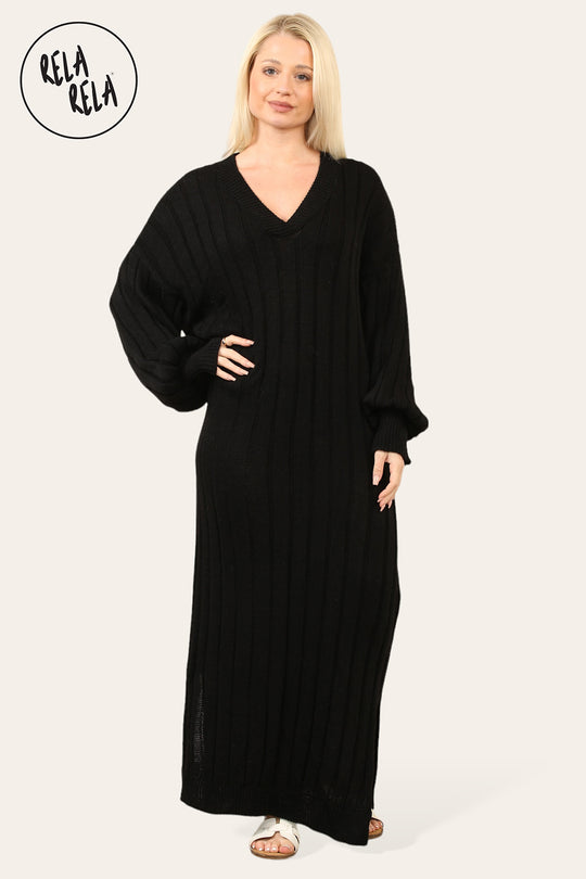 V Neck Balloon Sleeve Knitted Jumper Dress in Black