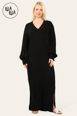V Neck Balloon Sleeve Knitted Jumper Dress in Black front