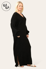 V Neck Balloon Sleeve Knitted Jumper Dress in Black side