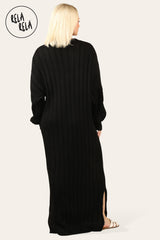 V Neck Balloon Sleeve Knitted Jumper Dress in Black back