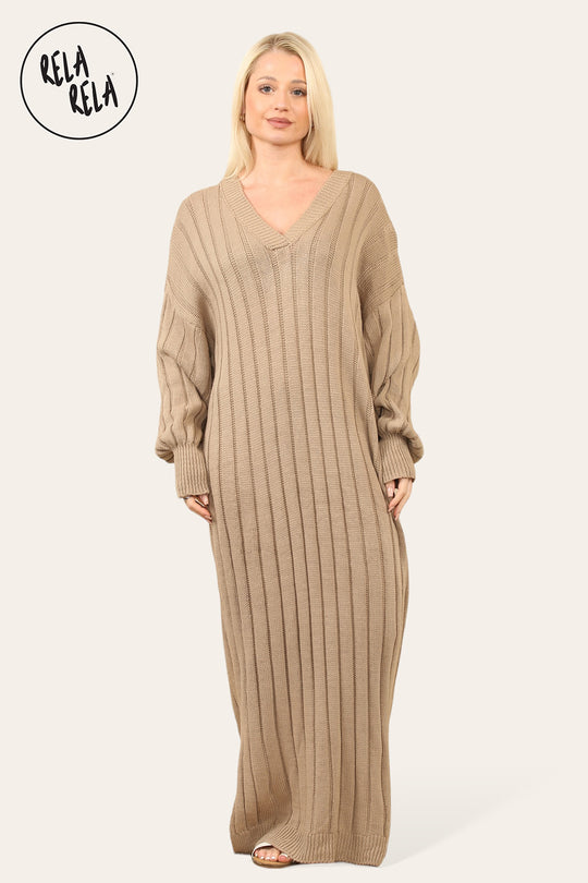 V Neck Balloon Sleeve Knitted Jumper Dress in Mocha