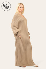 V Neck Balloon Sleeve Knitted Jumper Dress in Mocha side