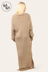 V Neck Balloon Sleeve Knitted Jumper Dress in Mocha back