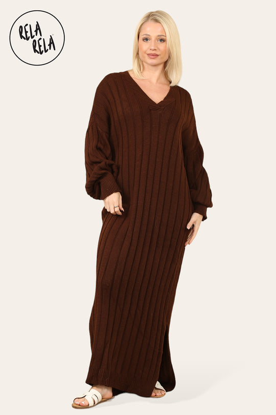 V Neck Balloon Sleeve Knitted Jumper Dress in Chocolate