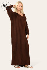 V Neck Balloon Sleeve Knitted Jumper Dress in Chocolate side