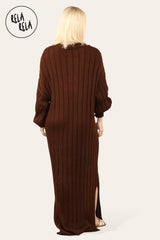 V Neck Balloon Sleeve Knitted Jumper Dress in Chocolate back