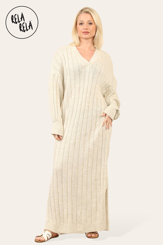 V Neck Balloon Sleeve Knitted Jumper Dress in Beige