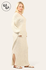 V Neck Balloon Sleeve Knitted Jumper Dress in Beige side