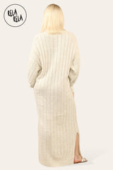 V Neck Balloon Sleeve Knitted Jumper Dress in Beige back