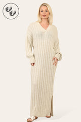 V Neck Balloon Sleeve Knitted Jumper Dress in Beige front 2
