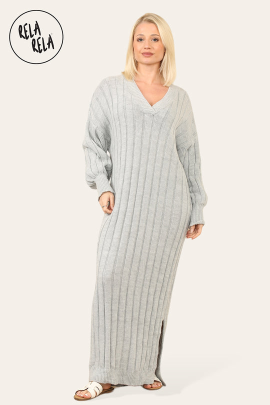 V Neck Balloon Sleeve Knitted Jumper Dress in Grey