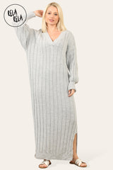 V Neck Balloon Sleeve Knitted Jumper Dress in Grey front