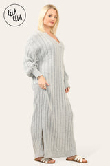 V Neck Balloon Sleeve Knitted Jumper Dress in Grey side
