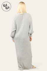 V Neck Balloon Sleeve Knitted Jumper Dress in Grey back