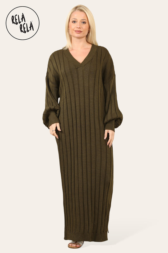 V Neck Balloon Sleeve Knitted Jumper Dress in Khaki