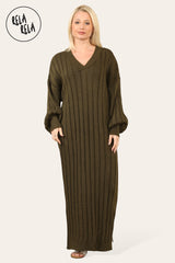 V Neck Balloon Sleeve Knitted Jumper Dress in Khaki