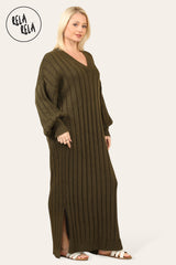 V Neck Balloon Sleeve Knitted Jumper Dress in Khaki side