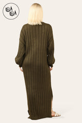 V Neck Balloon Sleeve Knitted Jumper Dress in Khaki back