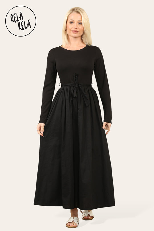 Long Sleeve Scoop Neck Rib Top & A-Line Midi Dress Set in Black