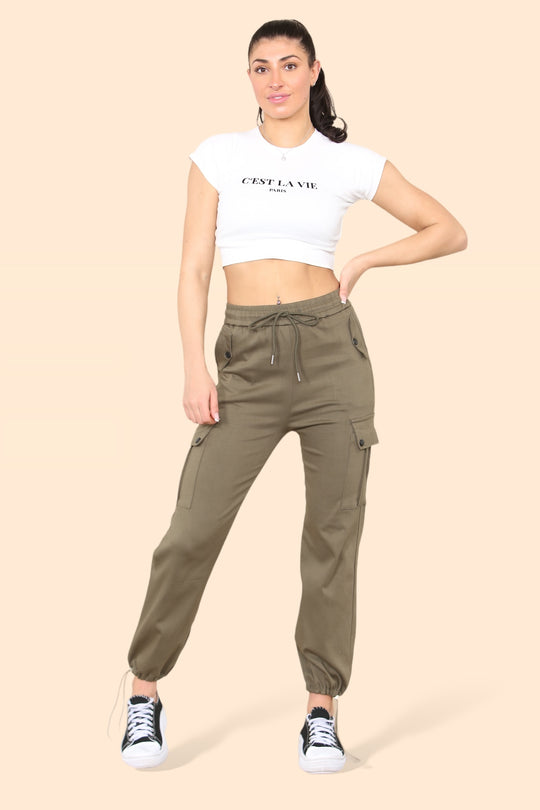 Elasticated Waistband Pocket Detail Cargo Pants in Khaki