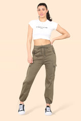 Elasticated Waistband Pocket Detail Cargo Pants in Khaki front